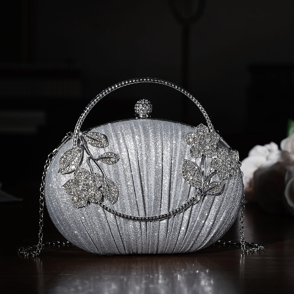 Ruched Crystal Flower Embellished Clutch Bag with Gold Handle - Silver