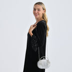 Ruched Crystal Flower Embellished Clutch Bag with Gold Handle - Silver