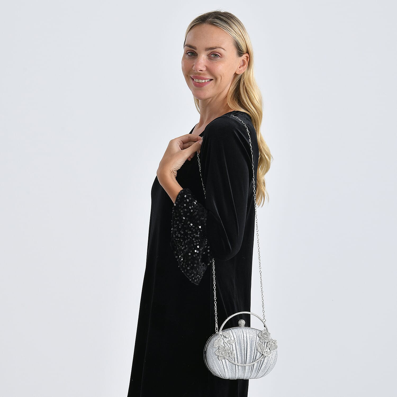 Ruched Crystal Flower Embellished Clutch Bag with Gold Handle - Silver