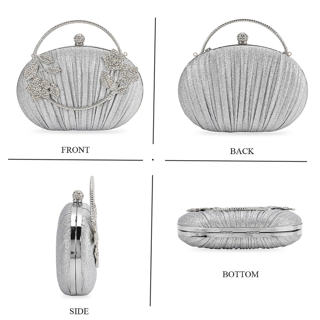 Ruched Crystal Flower Embellished Clutch Bag with Gold Handle - Silver