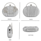 Ruched Crystal Flower Embellished Clutch Bag with Gold Handle - Silver