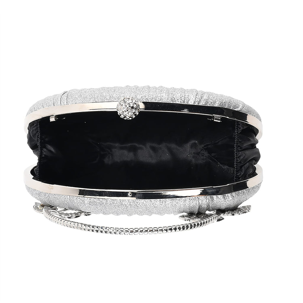 Ruched Crystal Flower Embellished Clutch Bag with Gold Handle - Silver