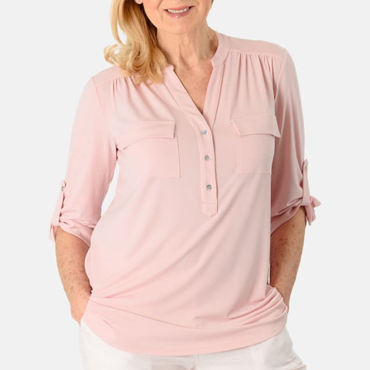 Ruched Shoulder Pocket V-Neck Jersey Half Button-Up Shirt (Size 20) - Pink