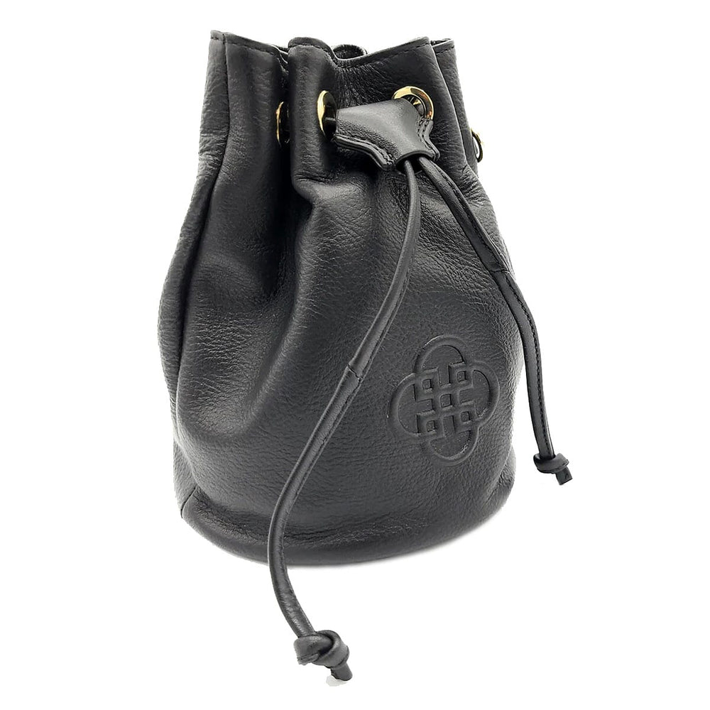 Saddler Pixie Real Leather Designer Drawstring Crossbody Bucket Bag - Black