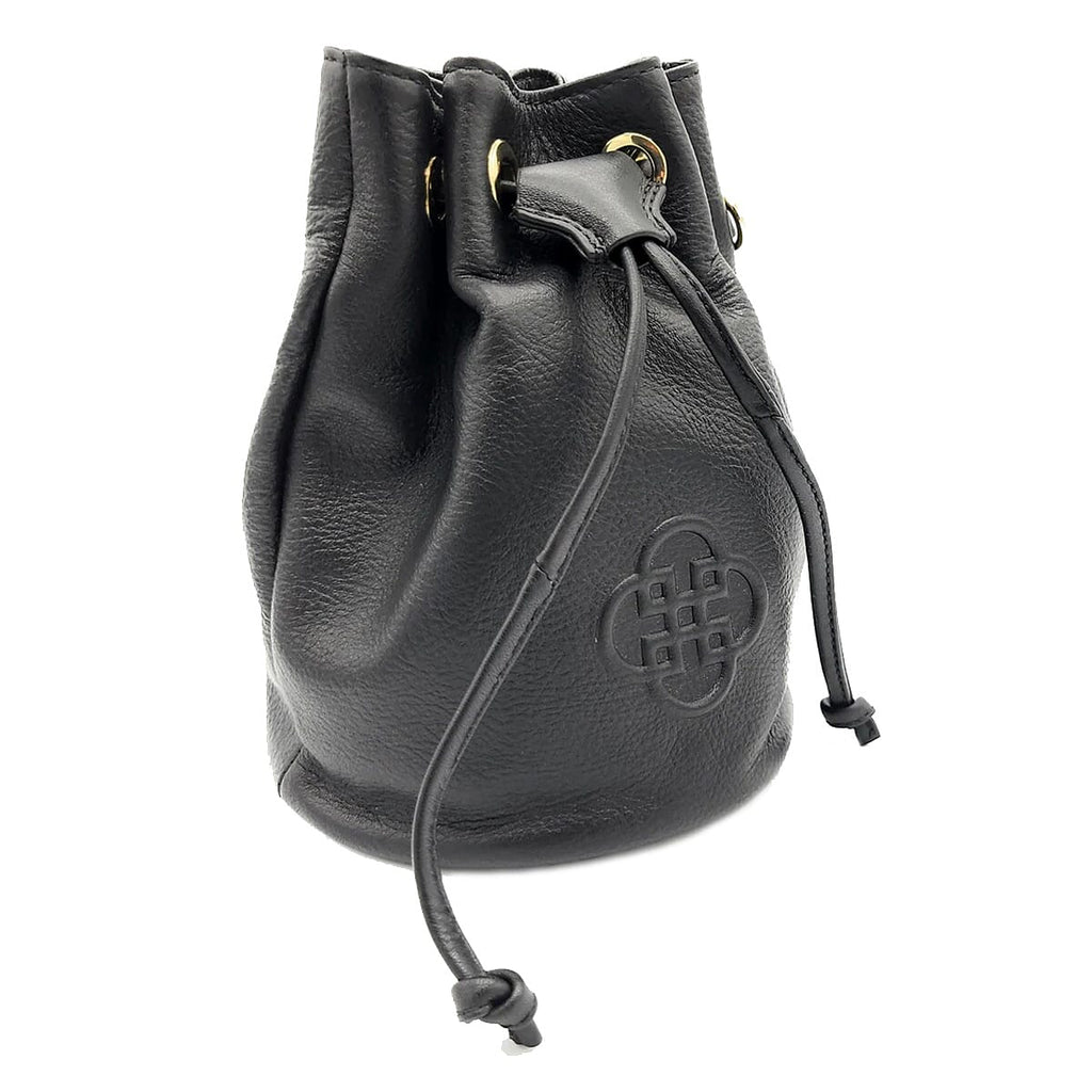 Saddler Pixie Real Leather Designer Drawstring Crossbody Bucket Bag - Black