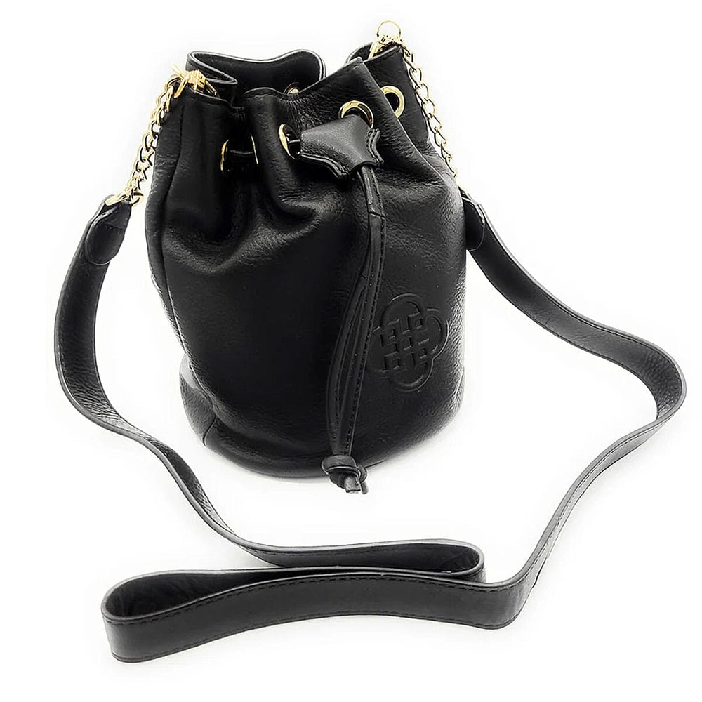 Saddler Pixie Real Leather Designer Drawstring Crossbody Bucket Bag - Black