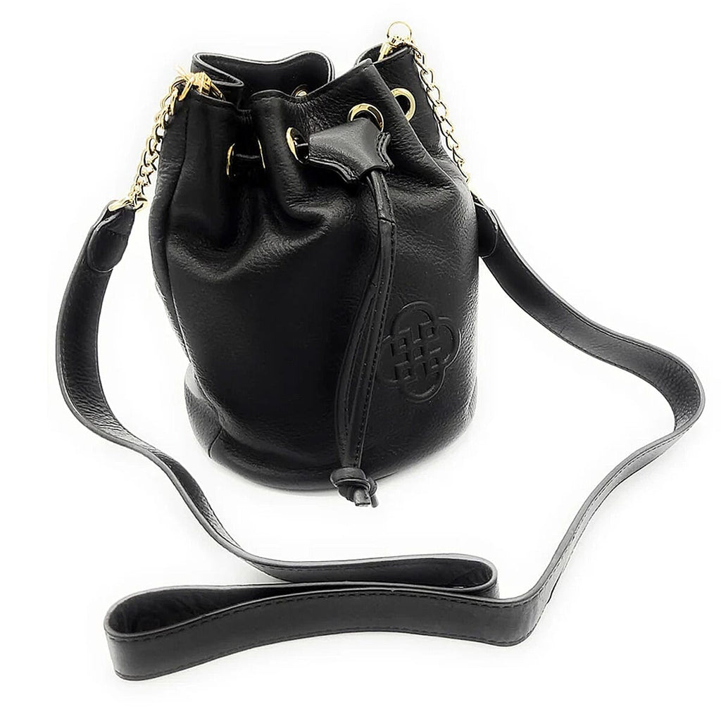 Saddler Pixie Real Leather Designer Drawstring Crossbody Bucket Bag - Black