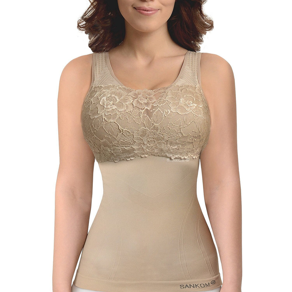 SANKOM SWITZERLAND Patent Vest with Bra and Lace - Beige (Size S-M - 8 to 10)