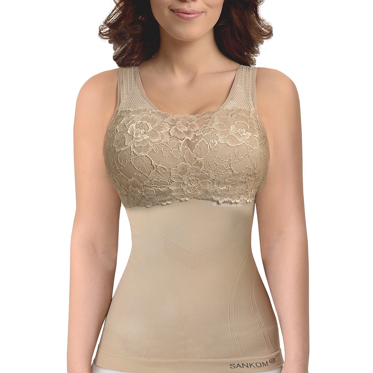 SANKOM SWITZERLAND Patent Vest with Bra and Lace - Beige (Size S-M - 8 to 10)