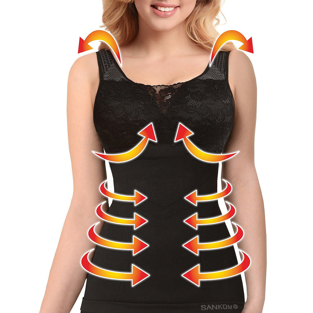 SANKOM SWITZERLAND Patent Vest with Bra and Lace - Black (Size L-XL - 16 to 18)