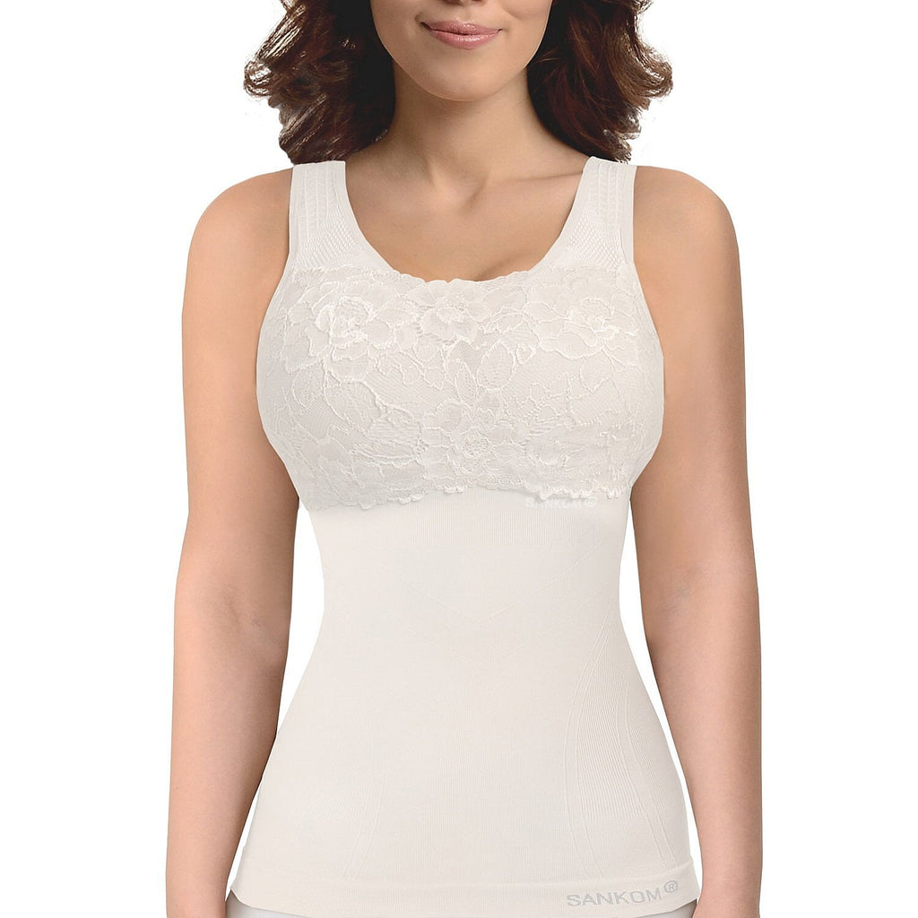 SANKOM SWITZERLAND Patent Vest with Bra and Lace - White Colour (Size S-M 8 to 10)