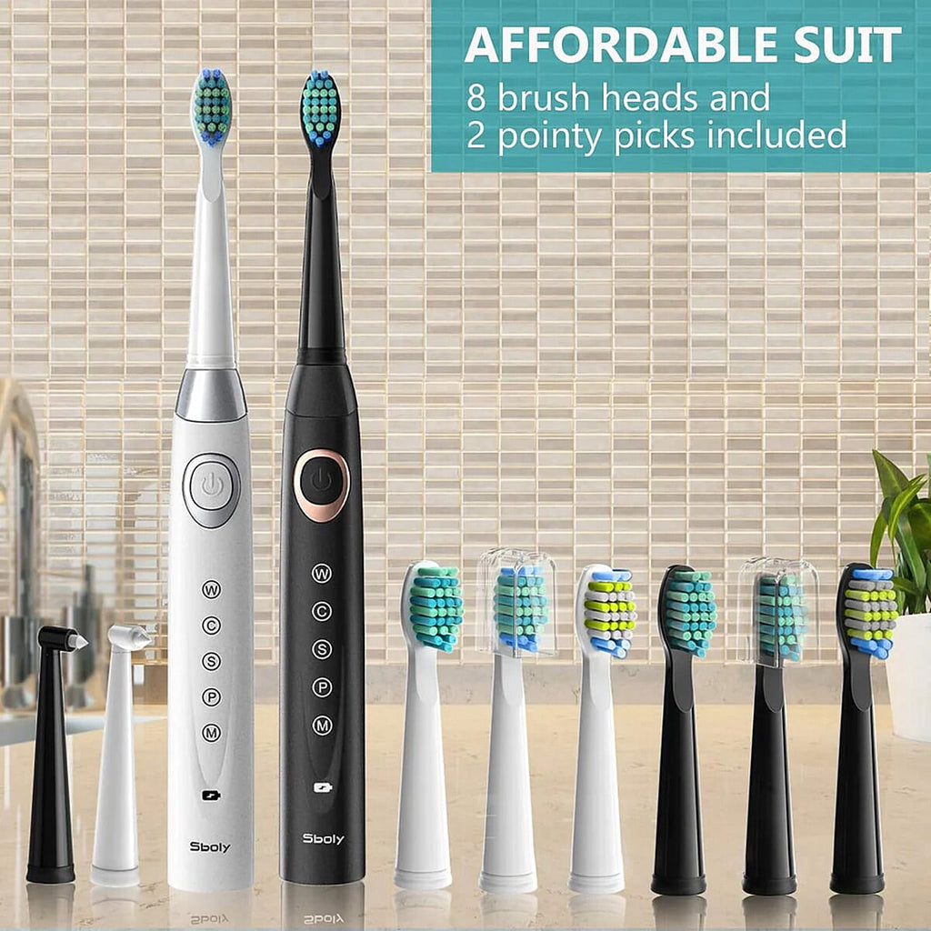 Set Of 2 Sonic Toothbrushes with 8 Replacement Heads - 40,000 Strokes Per Min, 5 Modes, 2 Min Smart Timer, 4Hr Charge - 30 Days Use