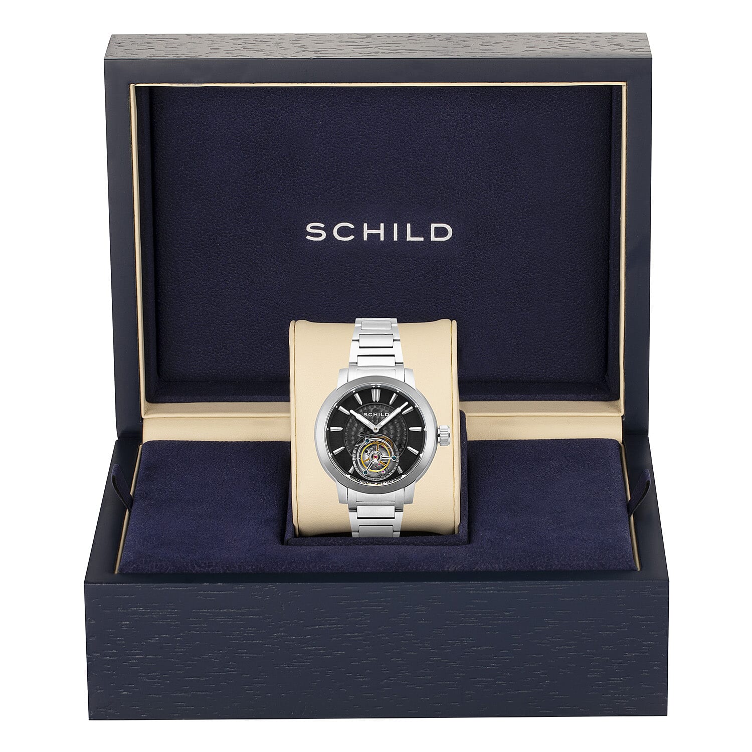 SCHILD Freidrich Mechanical Tourbillion Deep Storm Limited Edition Men Black Dial 10ATM Water Resistant Watch With Stainless Steel Chain Bracelet & Black Strap