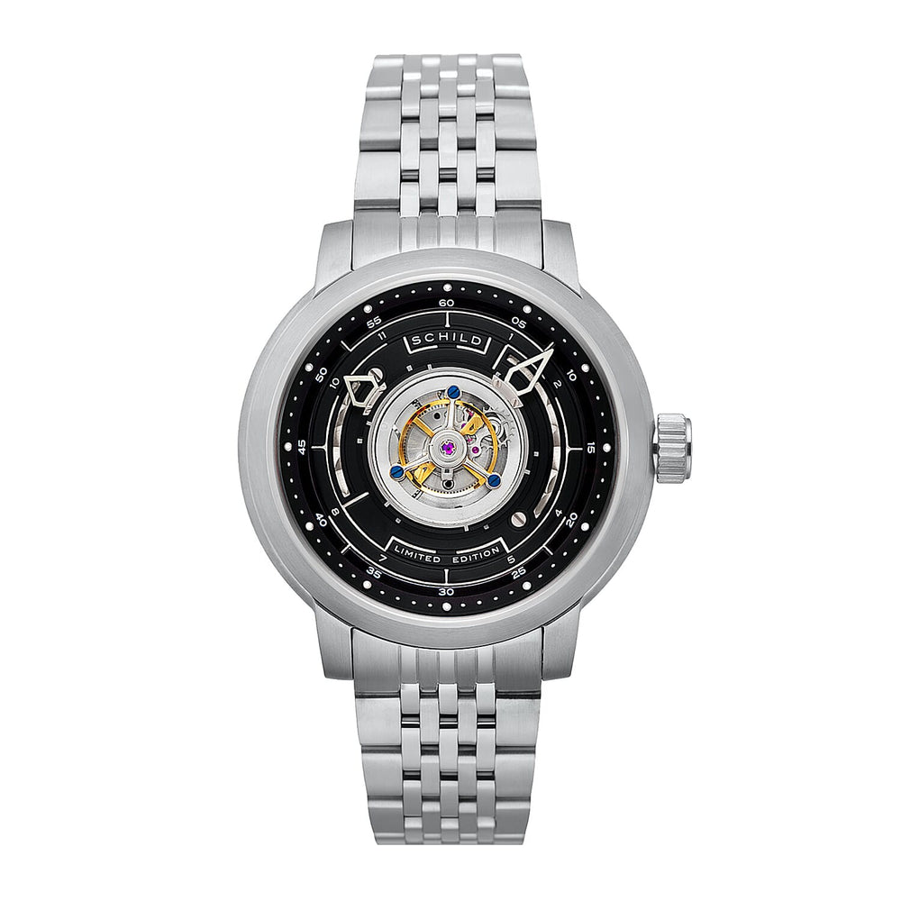 SCHILD Heinrich Cyclone Automatic Tourbillon Mens Black Dial 10ATM Water Resistant Watch With Stainless Steel Chain Bracelet & Black Strap
