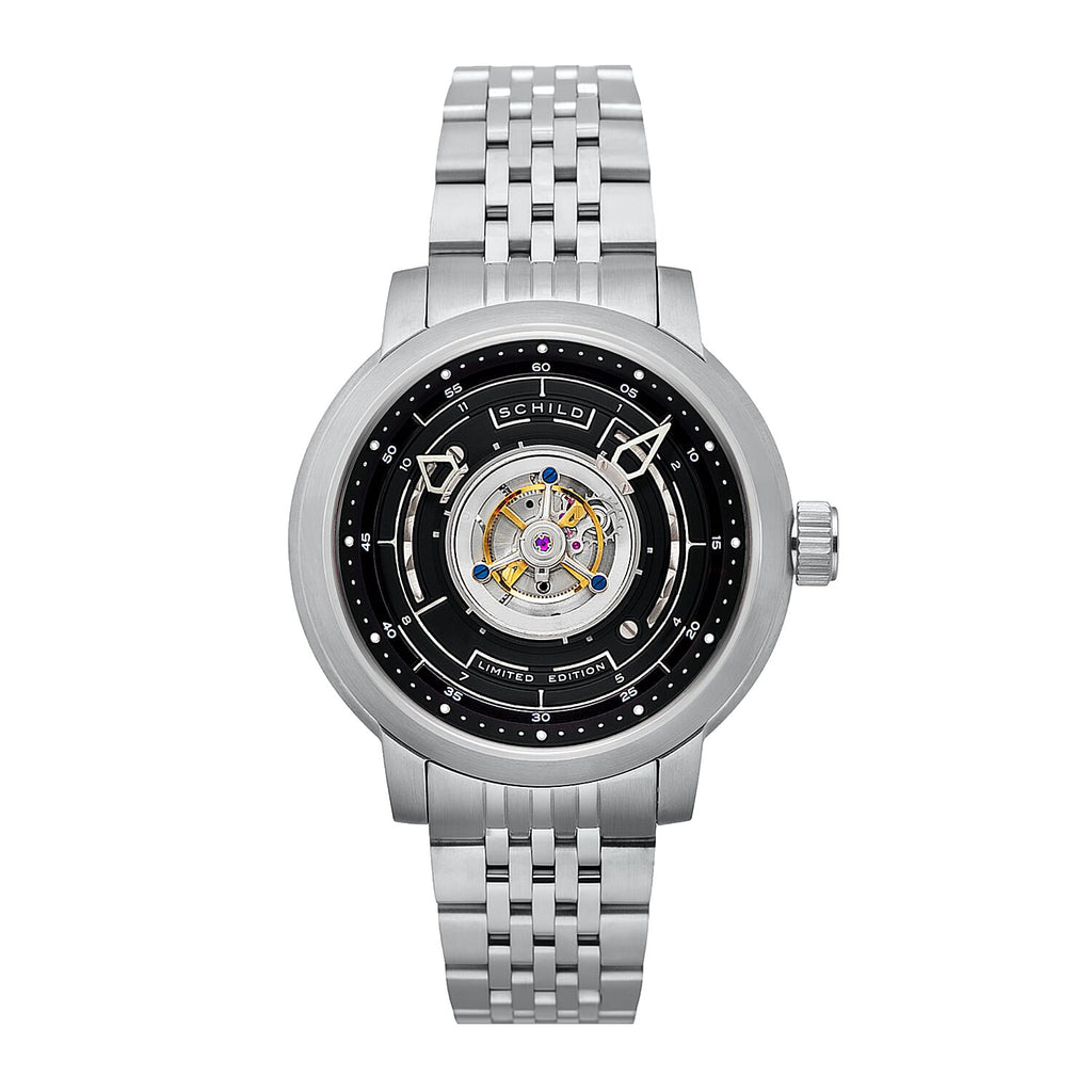 SCHILD Heinrich Cyclone Automatic Tourbillon Mens Black Dial 10ATM Water Resistant Watch With Stainless Steel Chain Bracelet & Black Strap