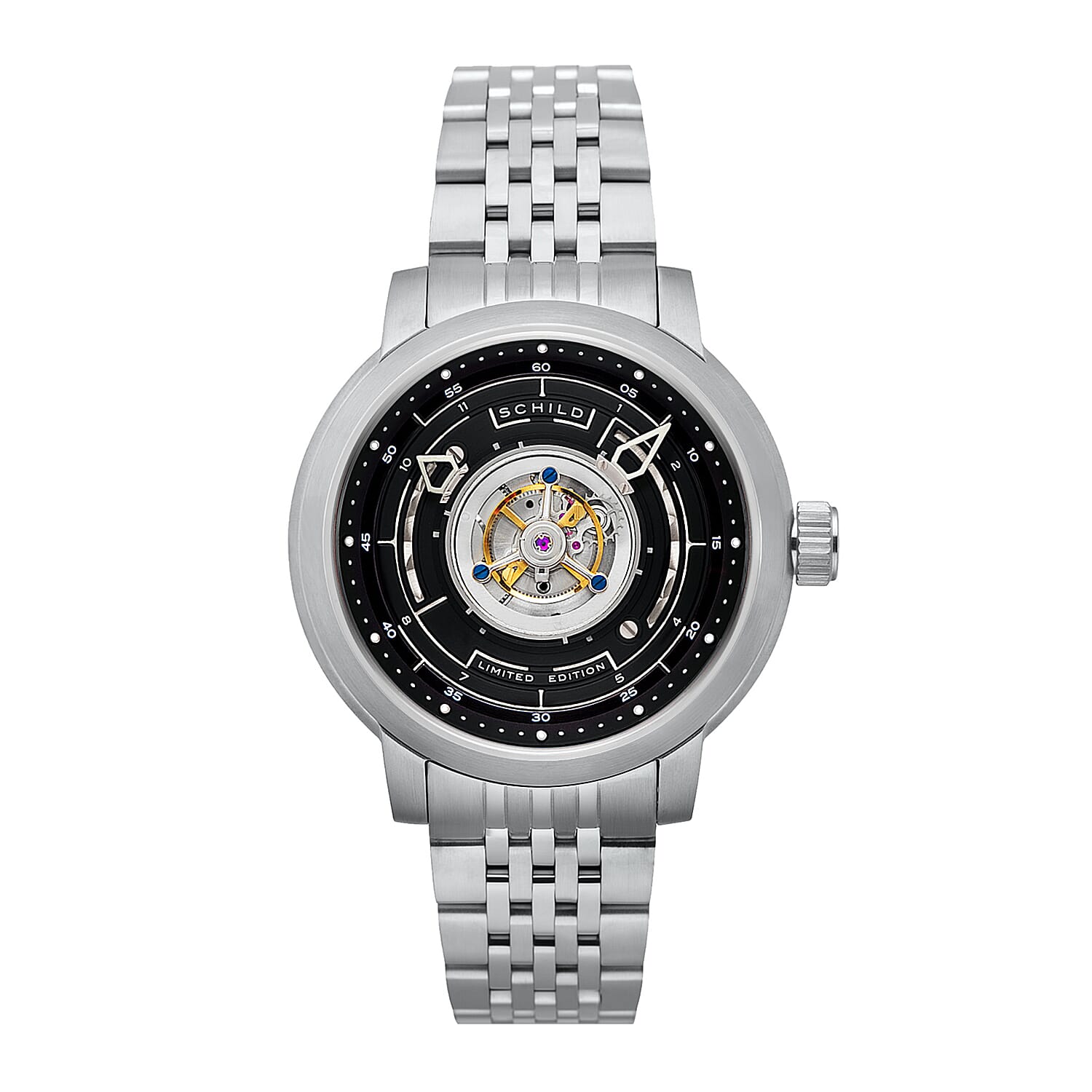 SCHILD Heinrich Cyclone Automatic Tourbillon Mens Black Dial 10ATM Water Resistant Watch With Stainless Steel Chain Bracelet & Black Strap