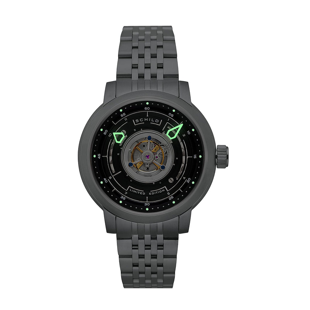 SCHILD Heinrich Cyclone Automatic Tourbillon Mens Black Dial 10ATM Water Resistant Watch With Stainless Steel Chain Bracelet & Black Strap