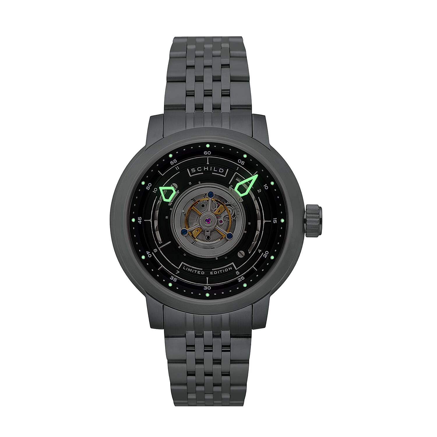 SCHILD Heinrich Cyclone Automatic Tourbillon Mens Black Dial 10ATM Water Resistant Watch With Stainless Steel Chain Bracelet & Black Strap