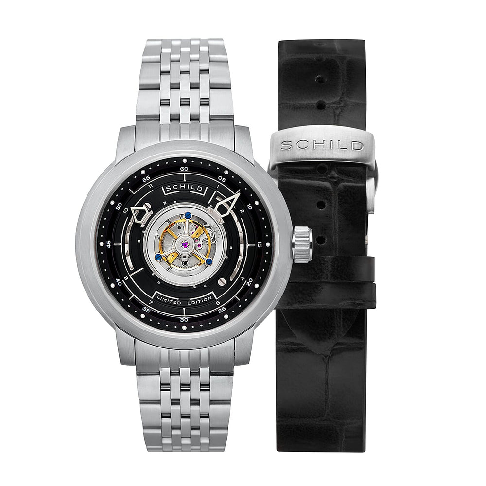 SCHILD Heinrich Cyclone Automatic Tourbillon Mens Black Dial 10ATM Water Resistant Watch With Stainless Steel Chain Bracelet & Black Strap