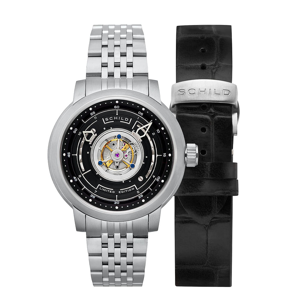 SCHILD Heinrich Cyclone Automatic Tourbillon Mens Black Dial 10ATM Water Resistant Watch With Stainless Steel Chain Bracelet & Black Strap
