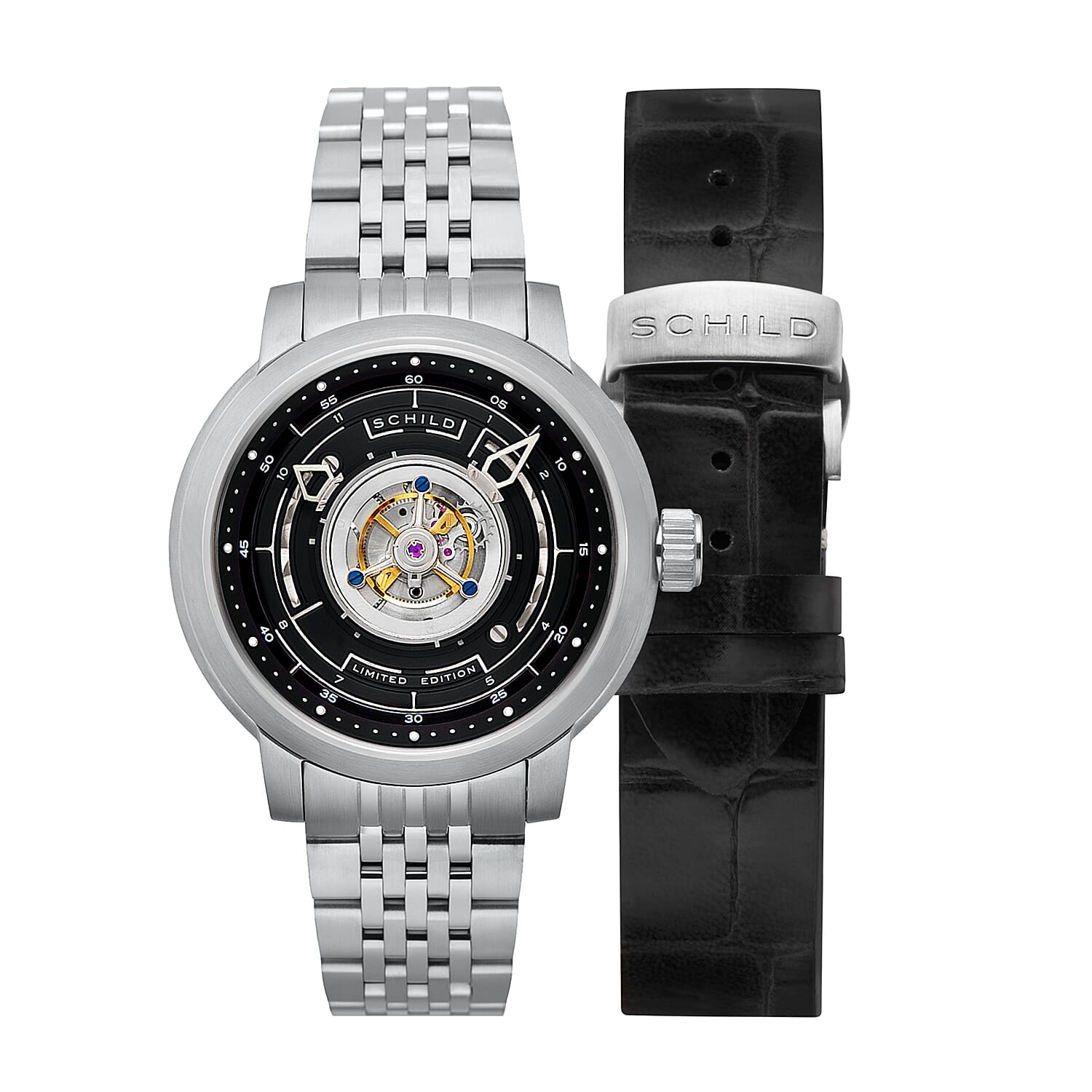 SCHILD Heinrich Cyclone Automatic Tourbillon Mens Black Dial 10ATM Water Resistant Watch With Stainless Steel Chain Bracelet & Black Strap