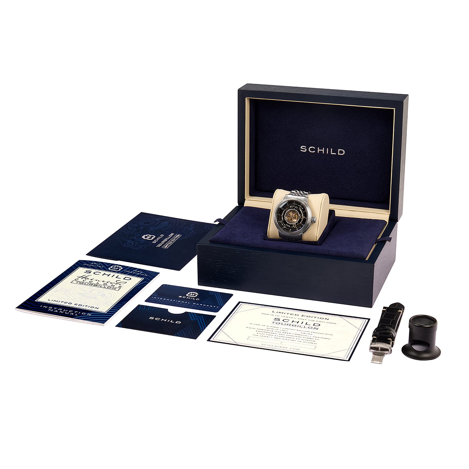 SCHILD Heinrich Cyclone Automatic Tourbillon Mens Black Dial 10ATM Water Resistant Watch With Stainless Steel Chain Bracelet & Black Strap