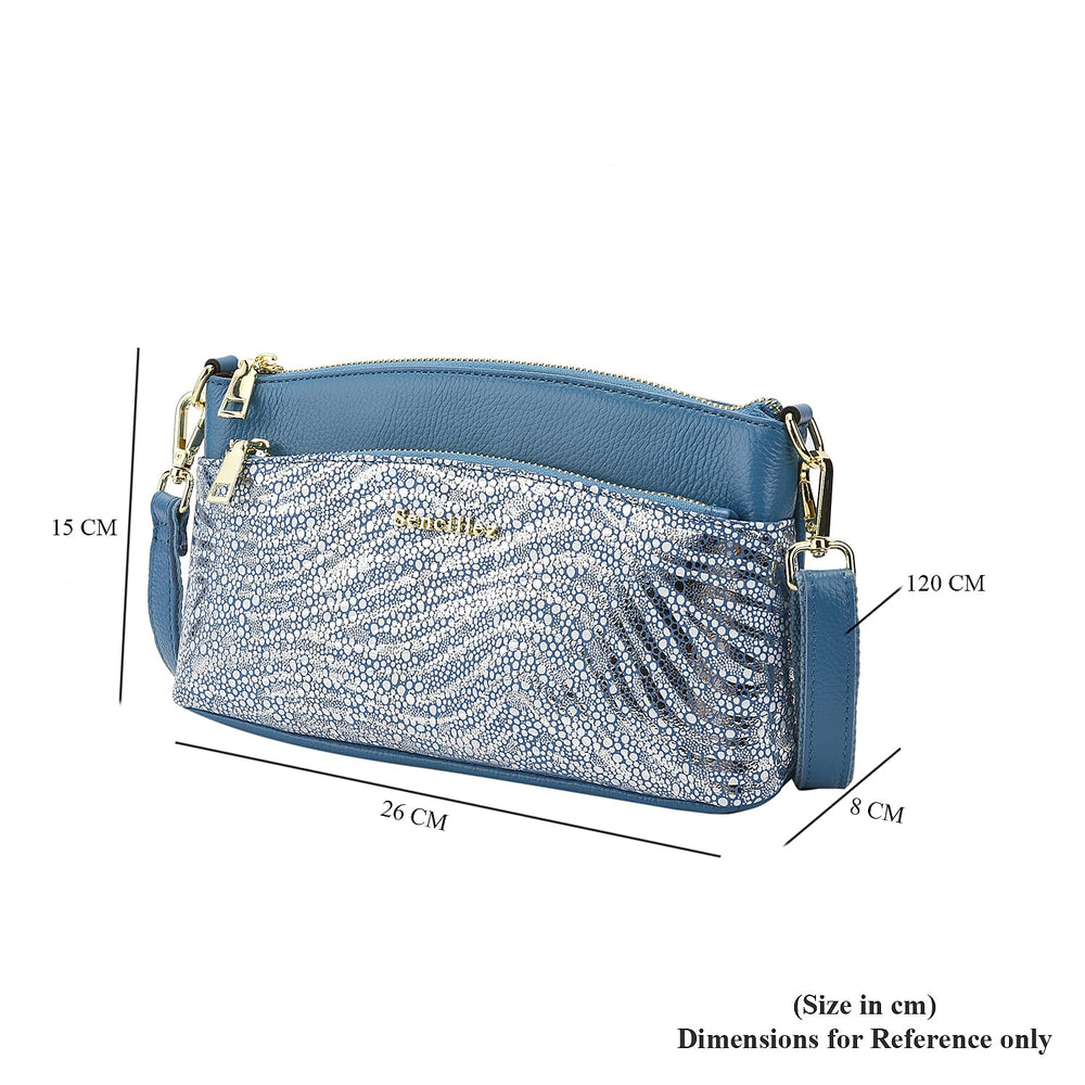 Womens Zebra Pattern Genuine Leather Crossbody Bag with Shoulder Strap (Size 26x15x8Cm) - Sky Blue