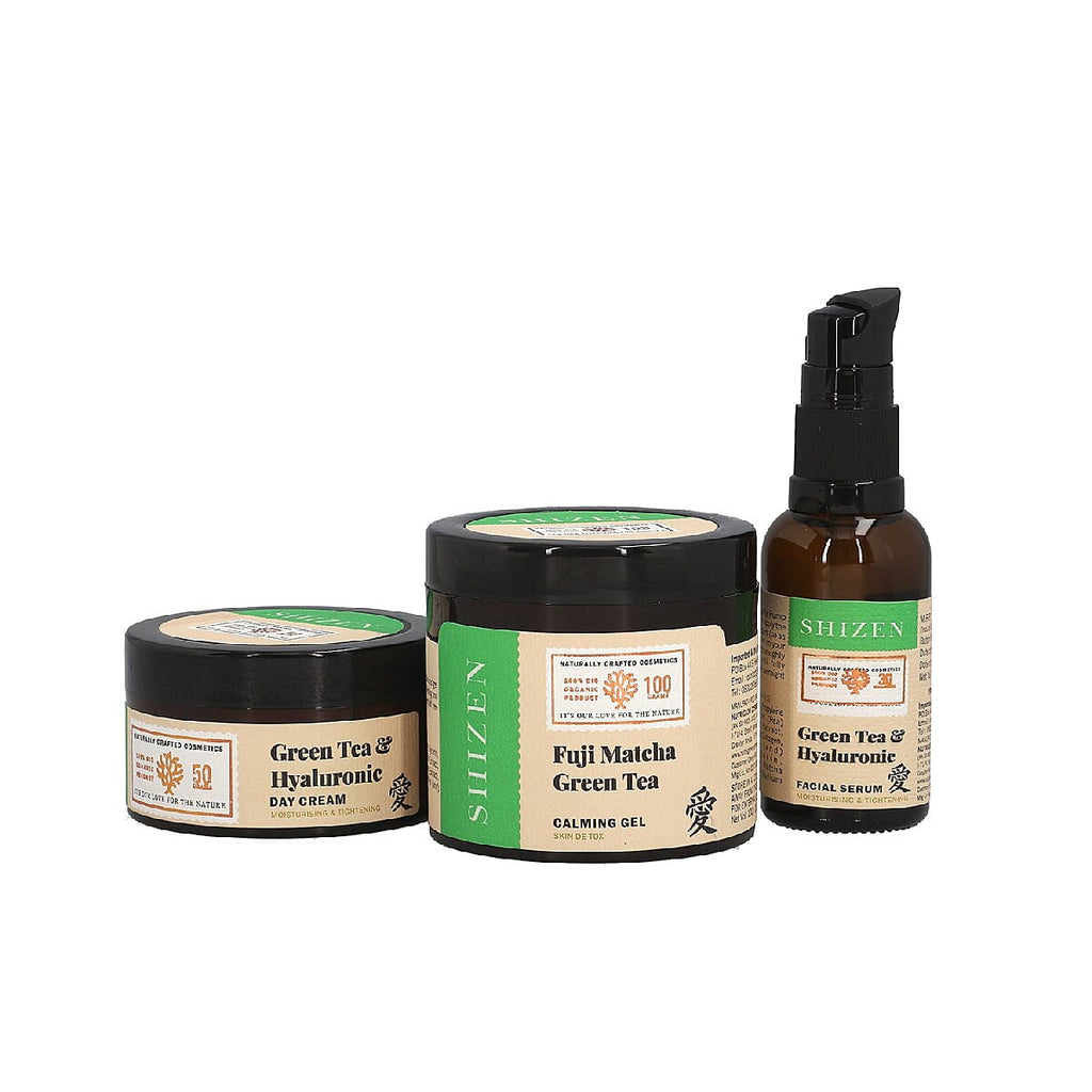 SHIZEN Combo of Fuji Matcha Green Tea Calming Gel For Skin De-tox - Green Tea (100 ml) - Hyaluronic Facial Serum (30 ml) - Moisturizing Green Tea - Hyaluronic Face Day Cream For Brightening - Tight