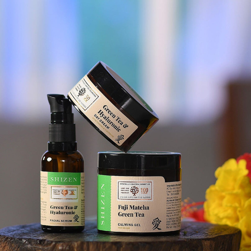 SHIZEN Combo of Fuji Matcha Green Tea Calming Gel For Skin De-tox - Green Tea (100 ml) - Hyaluronic Facial Serum (30 ml) - Moisturizing Green Tea - Hyaluronic Face Day Cream For Brightening - Tight