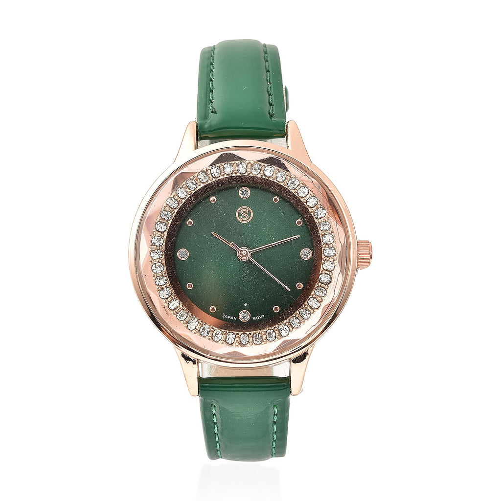 STRADA Japanese Movement Green Dial Crystal Studded Water Resistant Watch with Green Colour Strap