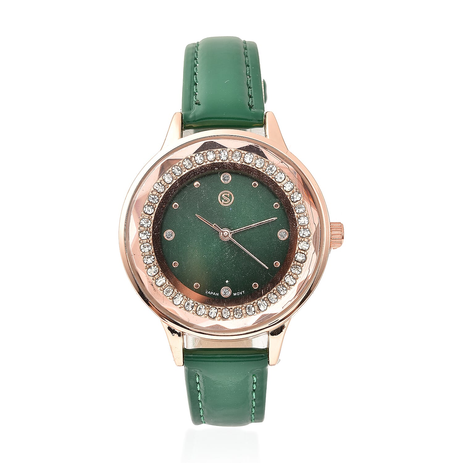 STRADA Japanese Movement Green Dial Crystal Studded Water Resistant Watch with Green Colour Strap