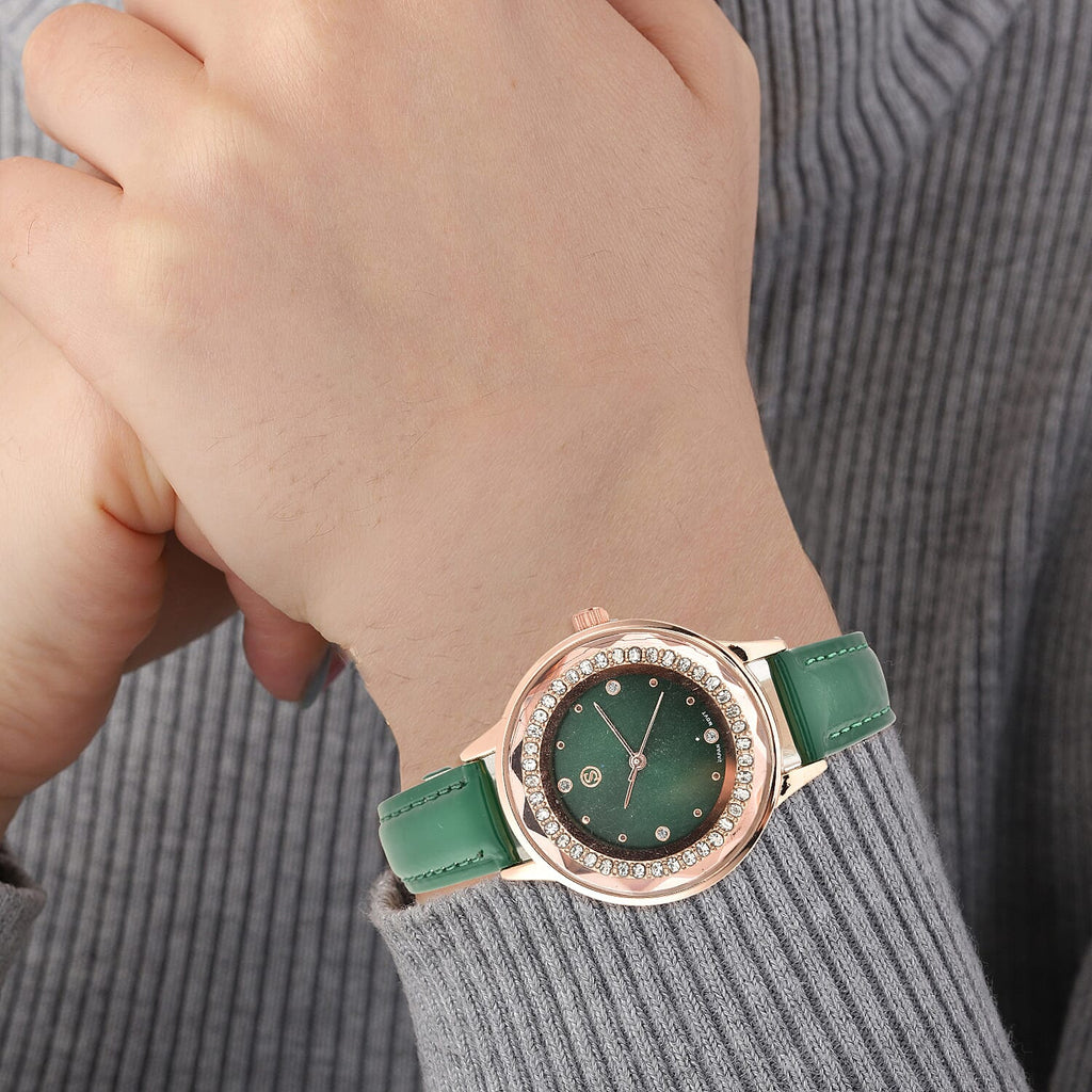 STRADA Japanese Movement Green Dial Crystal Studded Water Resistant Watch with Green Colour Strap