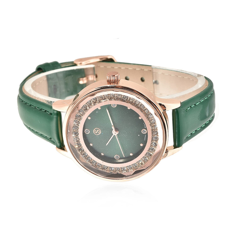 STRADA Japanese Movement Green Dial Crystal Studded Water Resistant Watch with Green Colour Strap