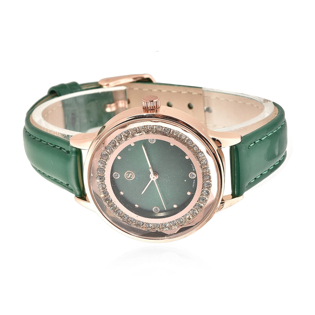 STRADA Japanese Movement Green Dial Crystal Studded Water Resistant Watch with Green Colour Strap