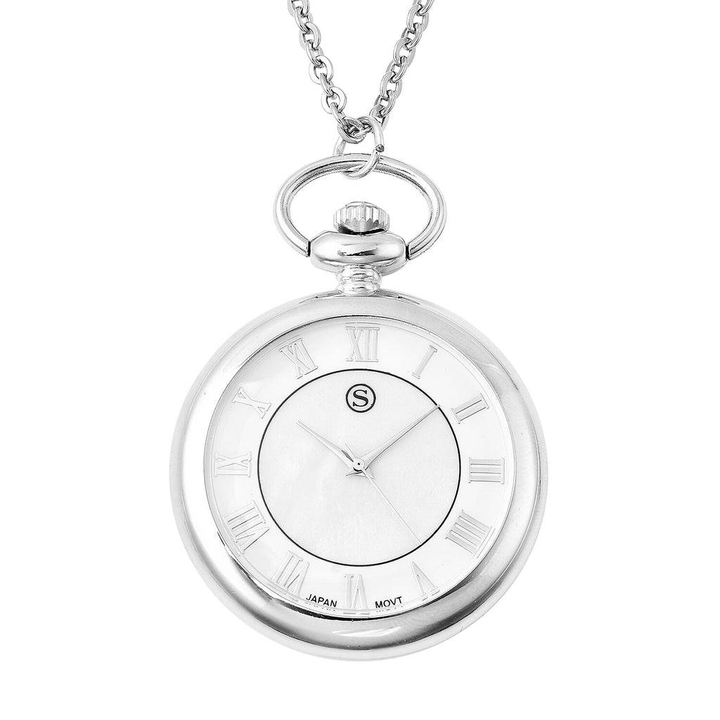 STRADA Japanese Movement Pocket Watch with Chain in Stainless Steel with 3 Replaceable Gemstone Ring (Lapis Lazuli, Tigers Eye and Abalone Shell)