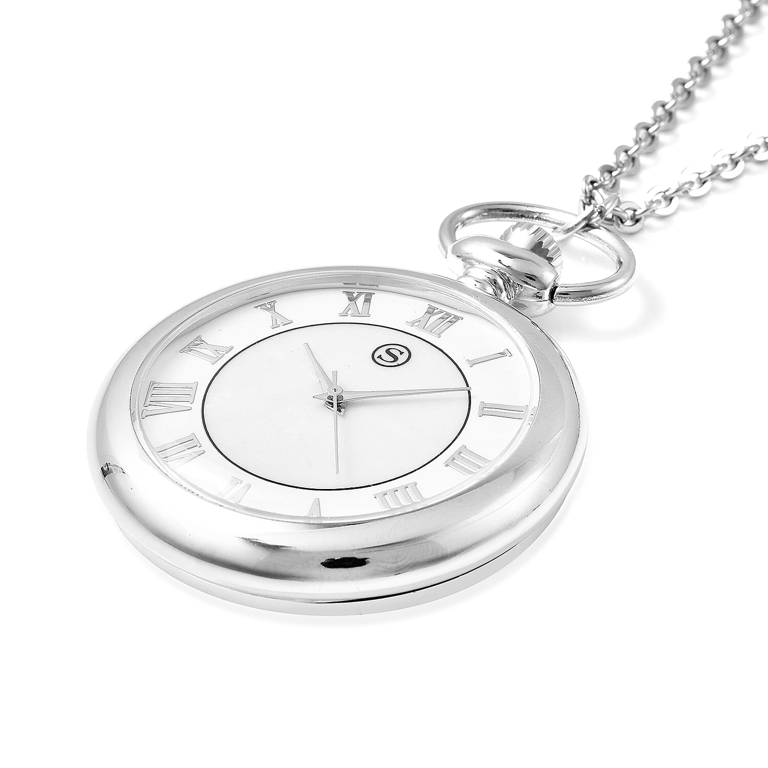 STRADA Japanese Movement Pocket Watch with Chain in Stainless Steel with 3 Replaceable Gemstone Ring (Lapis Lazuli, Tigers Eye and Abalone Shell)
