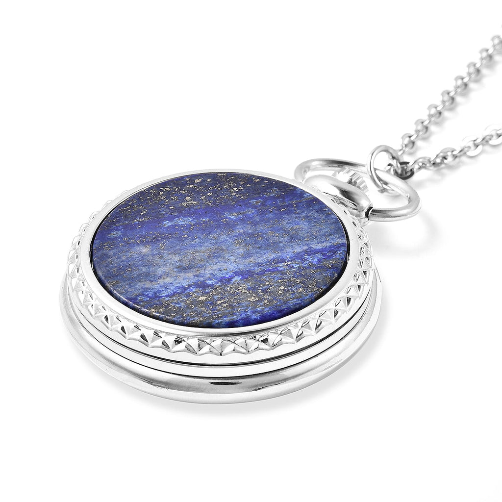 STRADA Japanese Movement Pocket Watch with Chain in Stainless Steel with 3 Replaceable Gemstone Ring (Lapis Lazuli, Tigers Eye and Abalone Shell)
