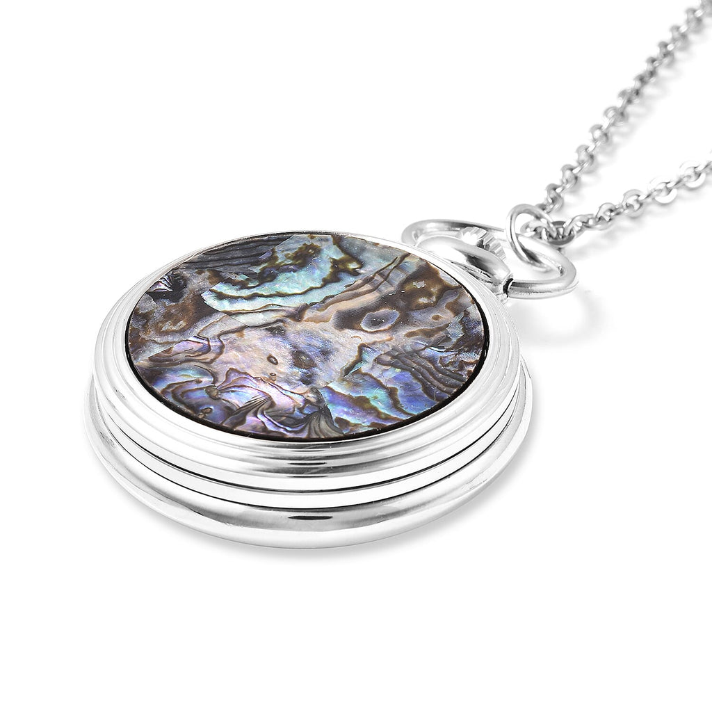 STRADA Japanese Movement Pocket Watch with Chain in Stainless Steel with 3 Replaceable Gemstone Ring (Lapis Lazuli, Tigers Eye and Abalone Shell)
