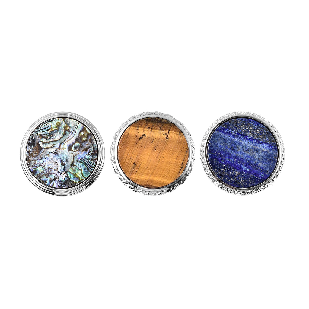 STRADA Japanese Movement Pocket Watch with Chain in Stainless Steel with 3 Replaceable Gemstone Ring (Lapis Lazuli, Tigers Eye and Abalone Shell)