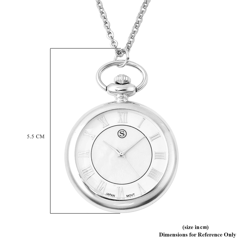 STRADA Japanese Movement Pocket Watch with Chain in Stainless Steel with 3 Replaceable Gemstone Ring (Lapis Lazuli, Tigers Eye and Abalone Shell)