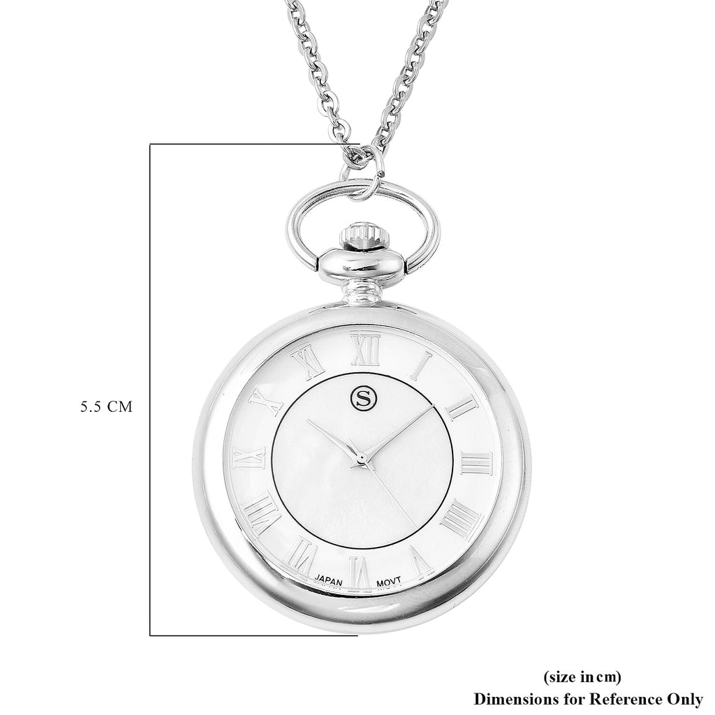 STRADA Japanese Movement Pocket Watch with Chain in Stainless Steel with 3 Replaceable Gemstone Ring (Lapis Lazuli, Tigers Eye and Abalone Shell)