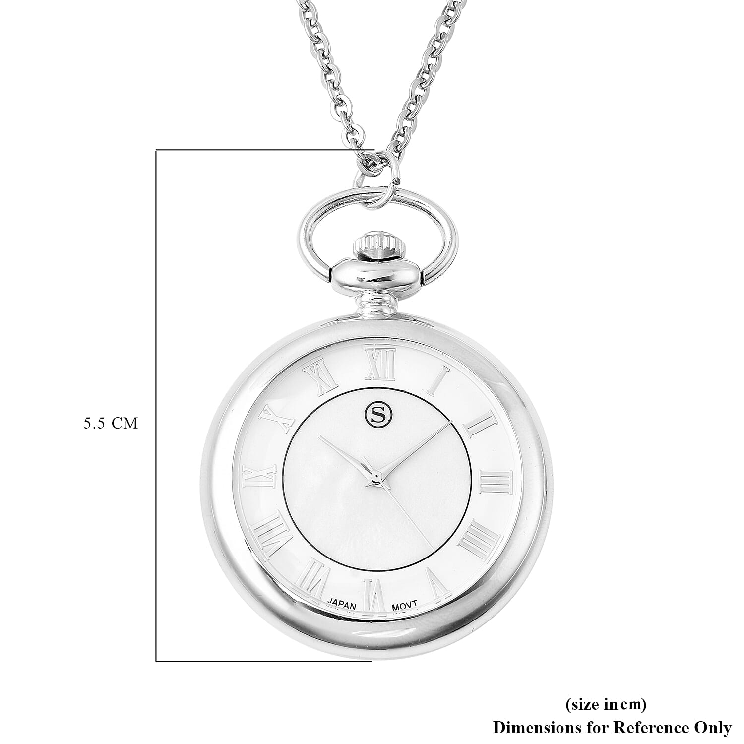STRADA Japanese Movement Pocket Watch with Chain in Stainless Steel with 3 Replaceable Gemstone Ring (Lapis Lazuli, Tigers Eye and Abalone Shell)