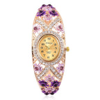 STRADA Japanese Movement Sunshine Dial Garden Theme Bangle Watch in Yellow Gold Tone with White and Purple Austrian Crystal