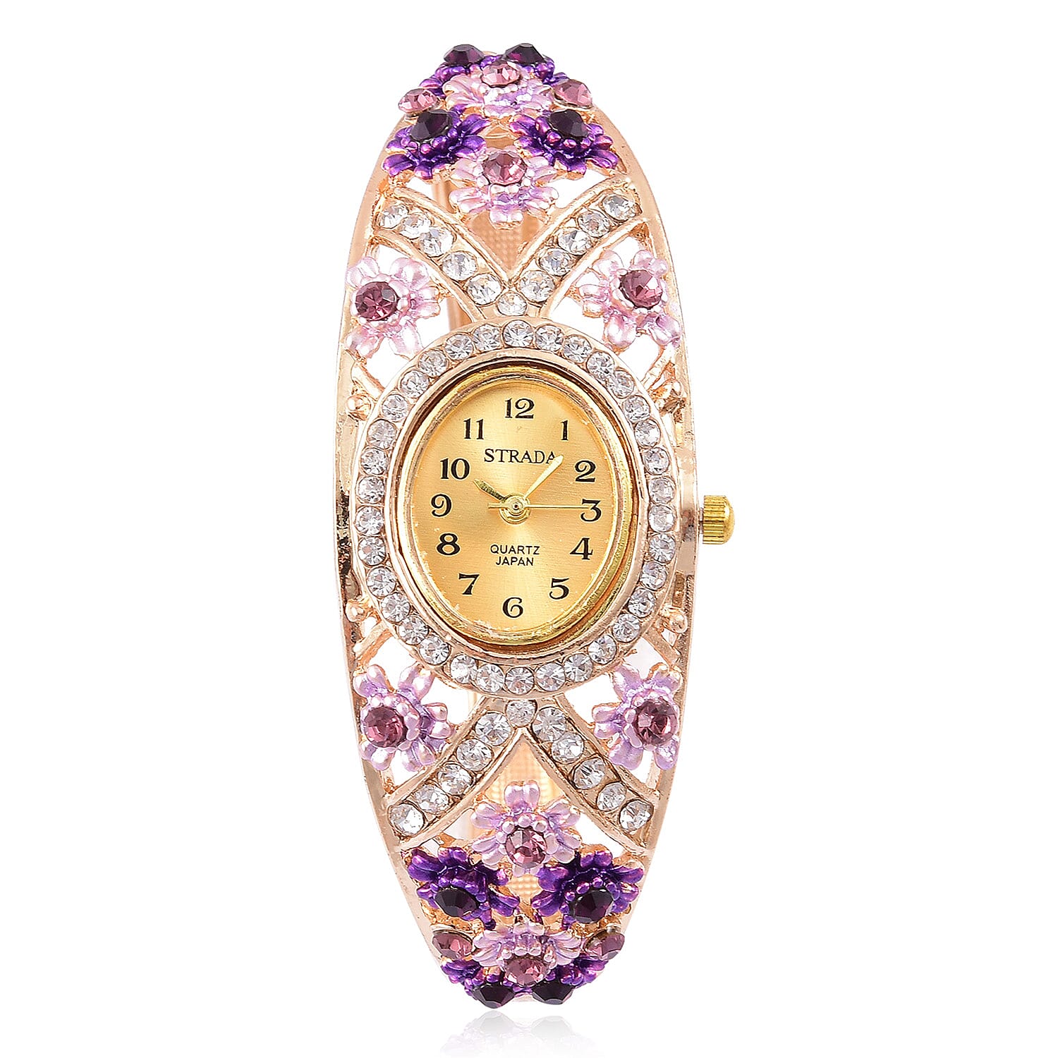 STRADA Japanese Movement Sunshine Dial Garden Theme Bangle Watch in Yellow Gold Tone with White and Purple Austrian Crystal