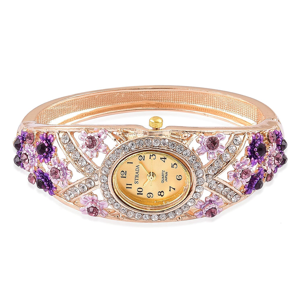 STRADA Japanese Movement Sunshine Dial Garden Theme Bangle Watch in Yellow Gold Tone with White and Purple Austrian Crystal