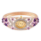 STRADA Japanese Movement Sunshine Dial Garden Theme Bangle Watch in Yellow Gold Tone with White and Purple Austrian Crystal