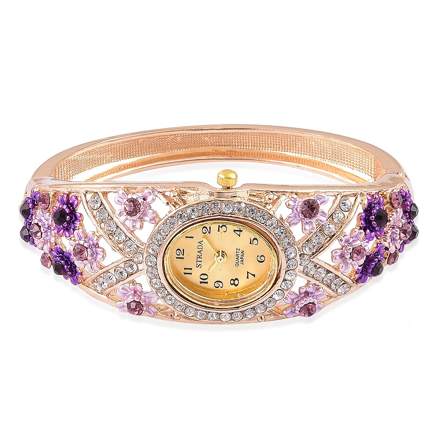 STRADA Japanese Movement Sunshine Dial Garden Theme Bangle Watch in Yellow Gold Tone with White and Purple Austrian Crystal
