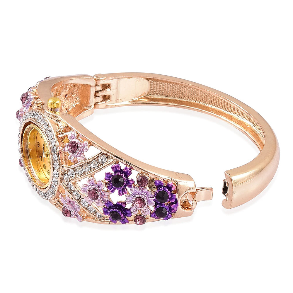 STRADA Japanese Movement Sunshine Dial Garden Theme Bangle Watch in Yellow Gold Tone with White and Purple Austrian Crystal