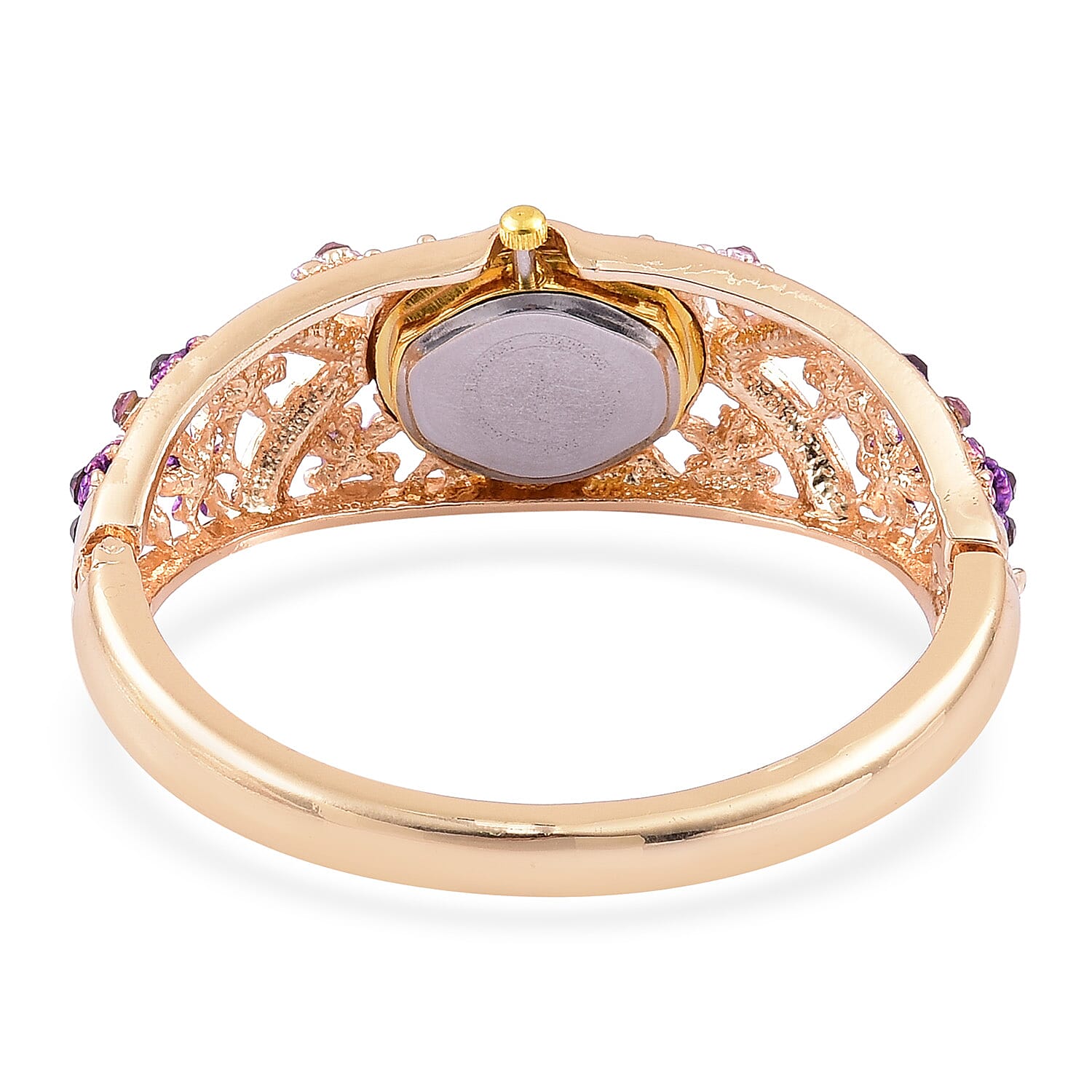 STRADA Japanese Movement Sunshine Dial Garden Theme Bangle Watch in Yellow Gold Tone with White and Purple Austrian Crystal
