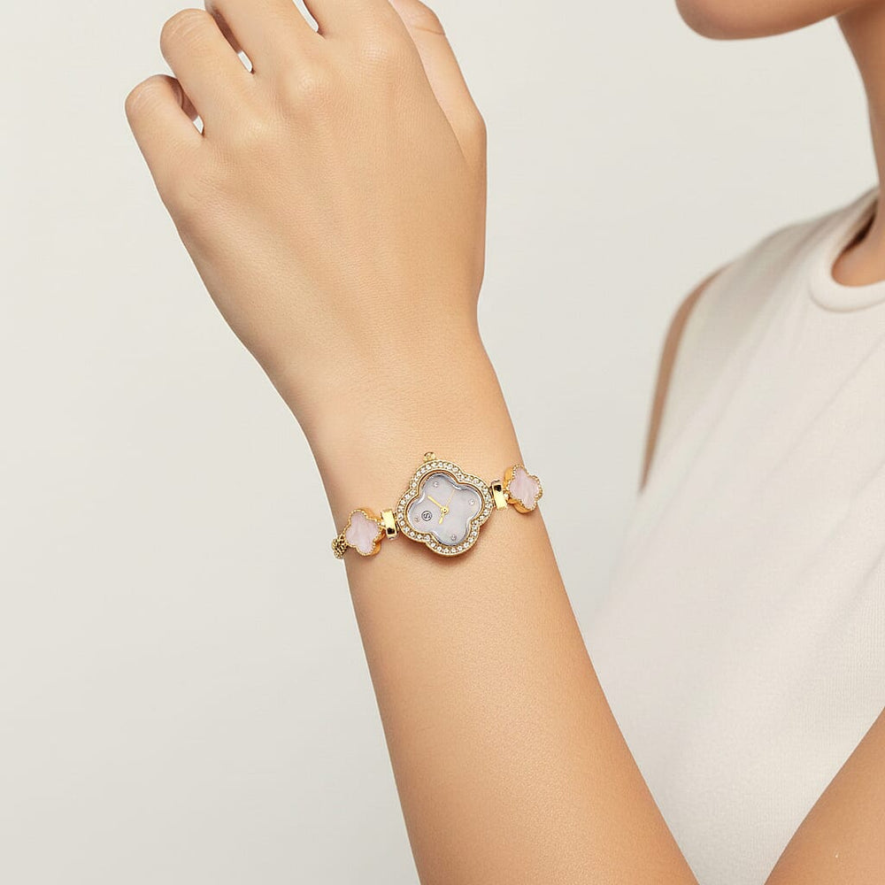 STRADA PC21S Japanese Movement Water Resistant White Crystal & Fake MOP Dial Watch with Gold Colour Chain Strap